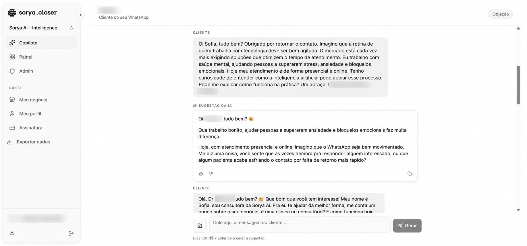 Tela do copiloto do Sorya Closer sugerindo a resposta de uma conversa